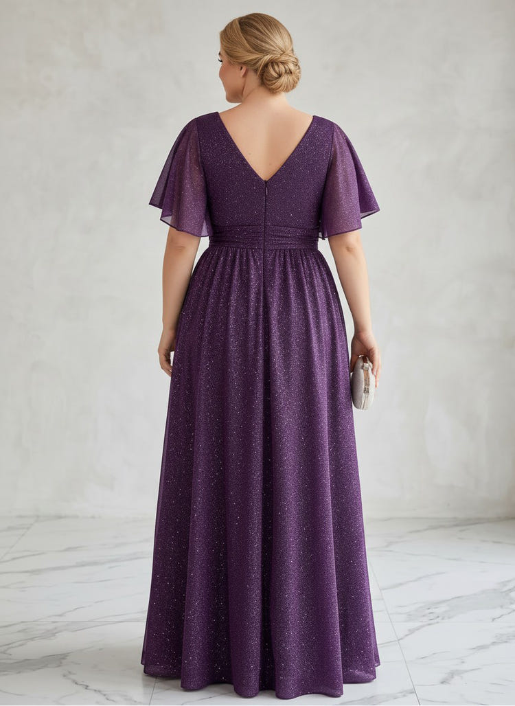 Chiffon A-Line V Neck Glitter Plus Size Formal Dresses