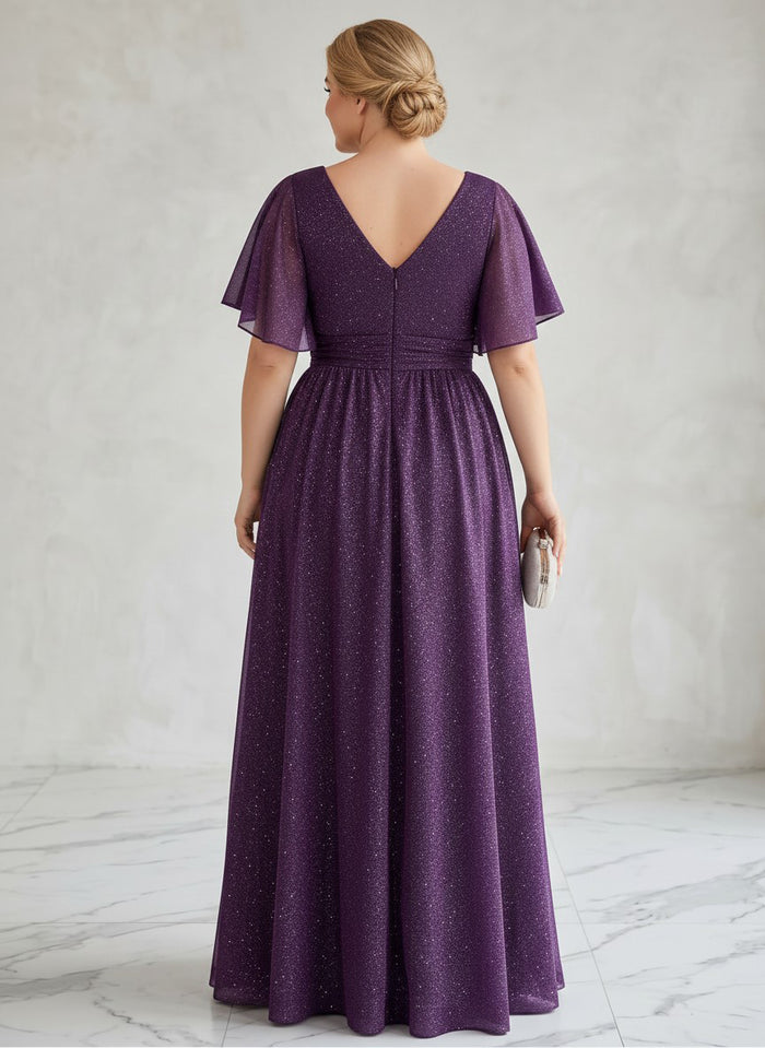 Chiffon A-Line V Neck Glitter Plus Size Formal Dresses
