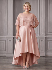 Satin High Low Crew Neck Plus Size Formal Dresses with Lace Applique