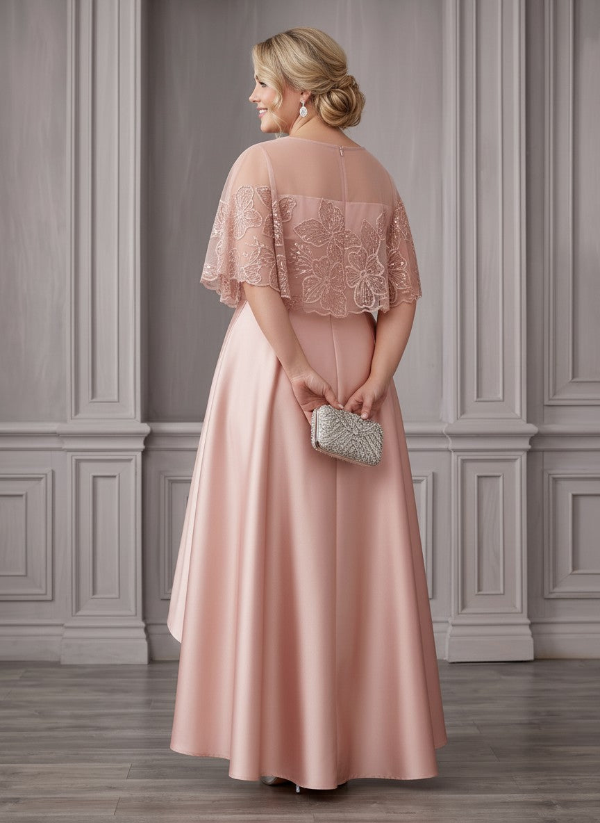 Satin High Low Crew Neck Plus Size Formal Dresses with Lace Applique