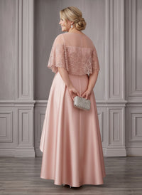 Satin High Low Crew Neck Plus Size Formal Dresses with Lace Applique