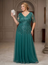 Tulle A-Line V Neck Plus Size Formal Dresses with Sequin Embroidery