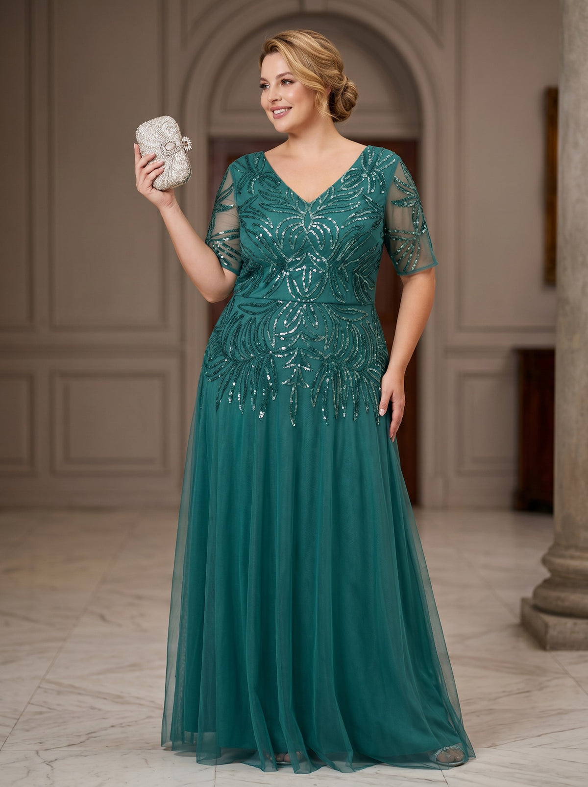 Tulle A-Line V Neck Plus Size Formal Dresses with Sequin Embroidery