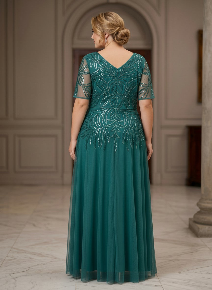 Tulle A-Line V Neck Plus Size Formal Dresses with Sequin Embroidery