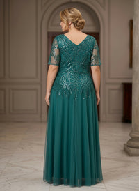 Tulle A-Line V Neck Plus Size Formal Dresses with Sequin Embroidery