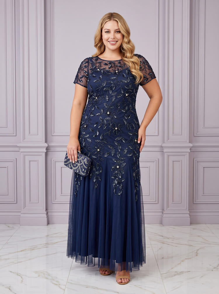 Tulle A-Line Crew Neck Plus Size Formal Dresses with Sequin Embroidery