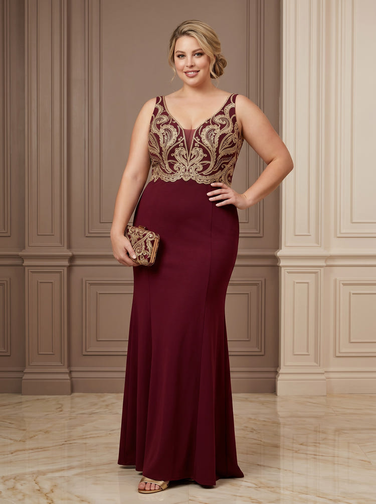 Satin Mermaid V Neck Plus Size Formal Dresses with Sequin Embroidery