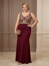 Satin Mermaid V Neck Plus Size Formal Dresses with Sequin Embroidery