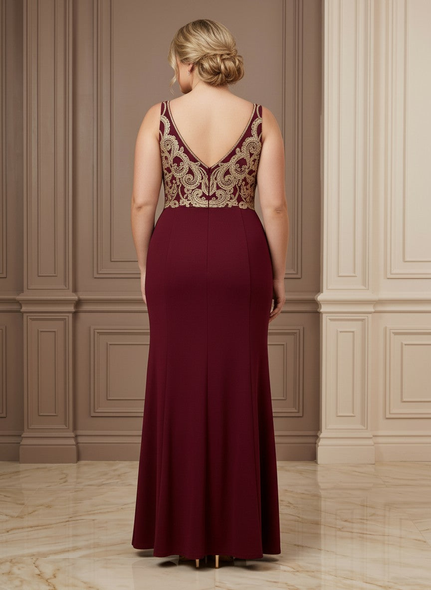 Satin Mermaid V Neck Plus Size Formal Dresses with Sequin Embroidery