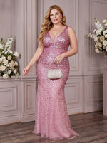 Tulle Mermaid V Neck Plus Size Formal Dresses with Sequin
