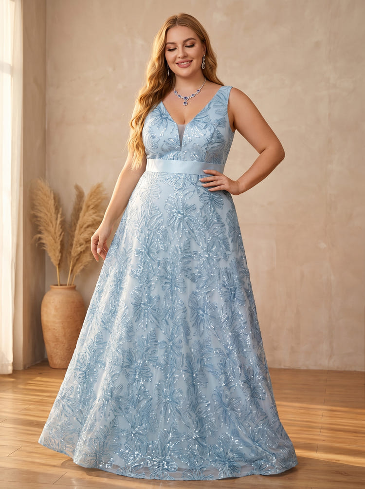 Tulle A-Line V Neck Plus Size Formal Dresses with Sequin Embroidery