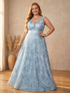 Tulle A-Line V Neck Plus Size Formal Dresses with Sequin Embroidery