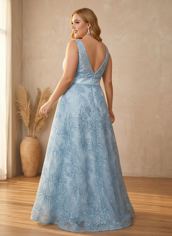 Tulle A-Line V Neck Plus Size Formal Dresses with Sequin Embroidery