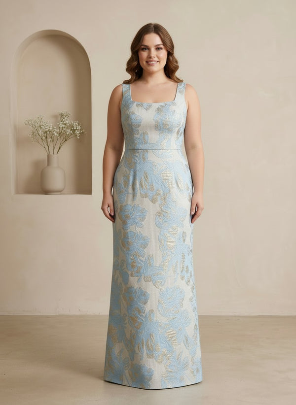 Jacquard Sheath Square Neck Floral Plus Size Formal Dresses