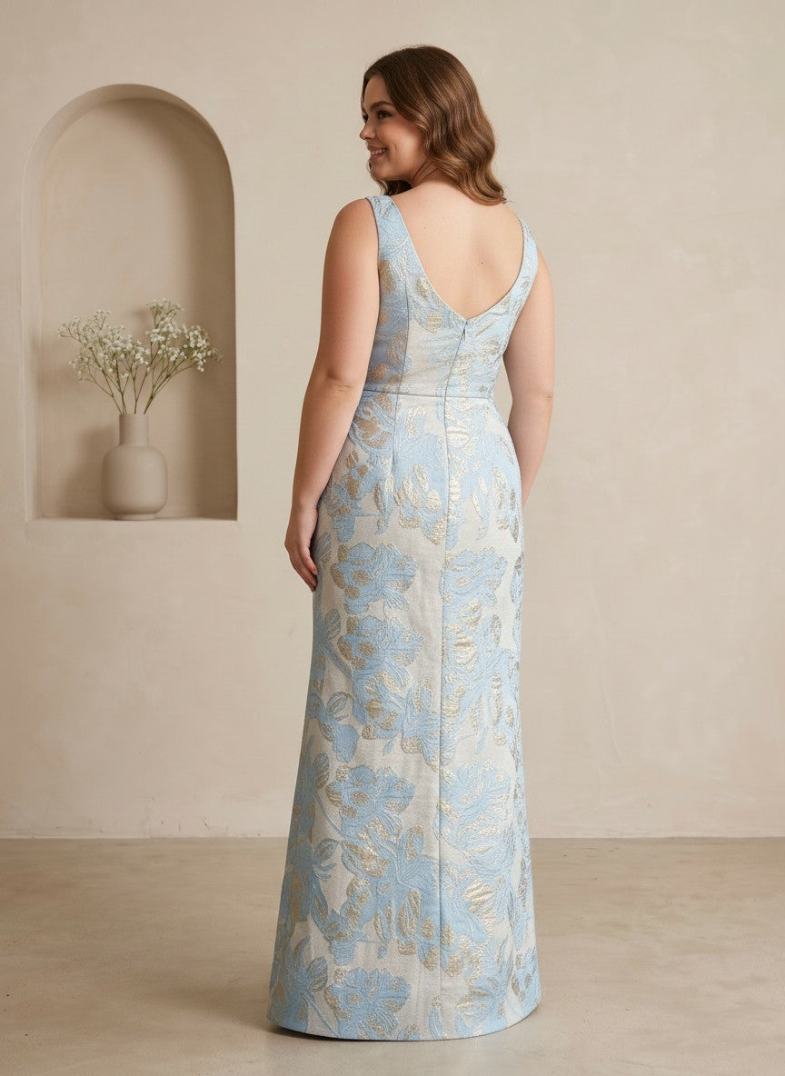 Jacquard Sheath Square Neck Floral Plus Size Formal Dresses