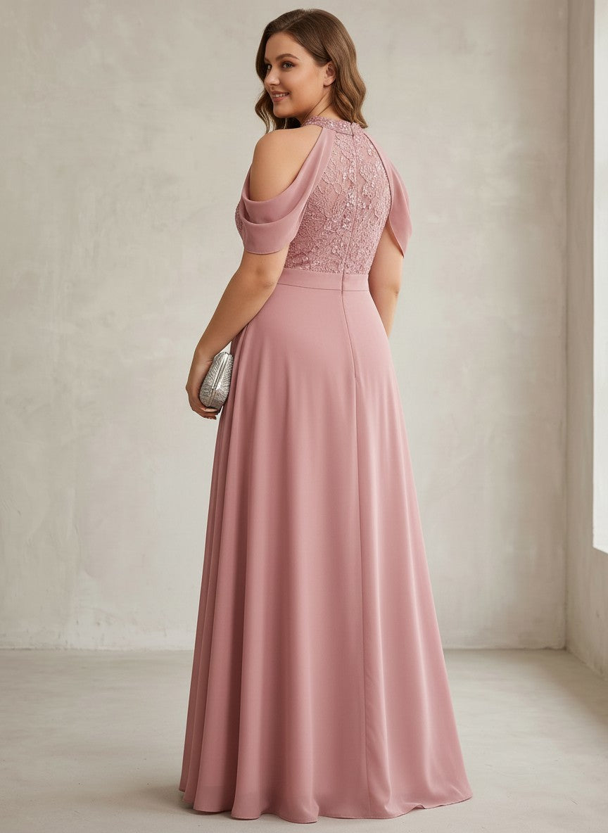 Chiffon A-Line Off the Shoulder Plus Size Formal Dresses with Lace Applique