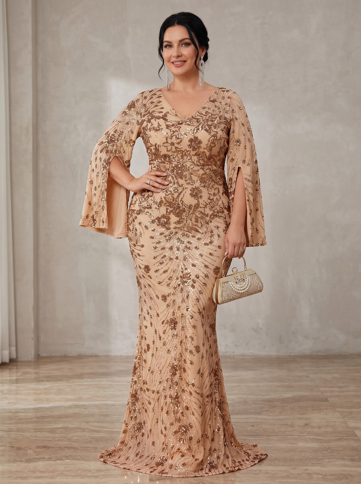 Chiffon Mermaid V Neck Plus Size Formal Dresses with Sequin Embroidery