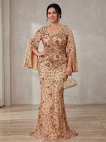 Chiffon Mermaid V Neck Plus Size Formal Dresses with Sequin Embroidery