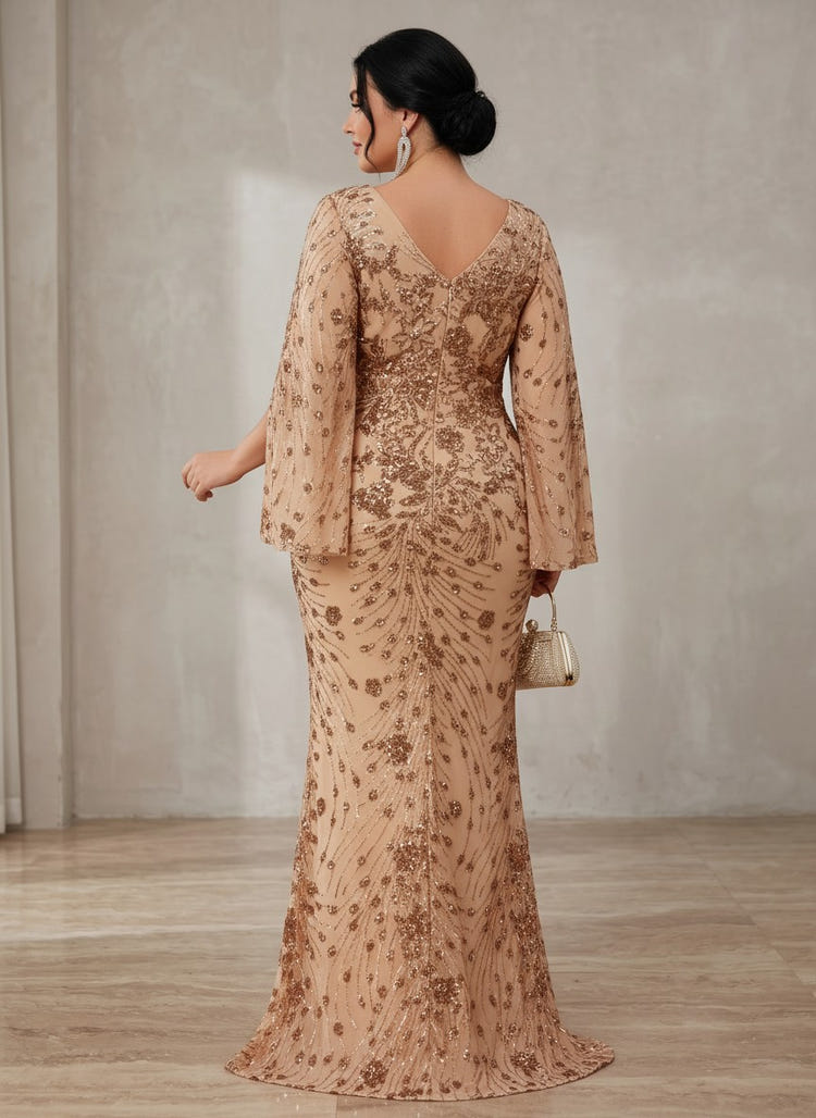 Chiffon Mermaid V Neck Plus Size Formal Dresses with Sequin Embroidery