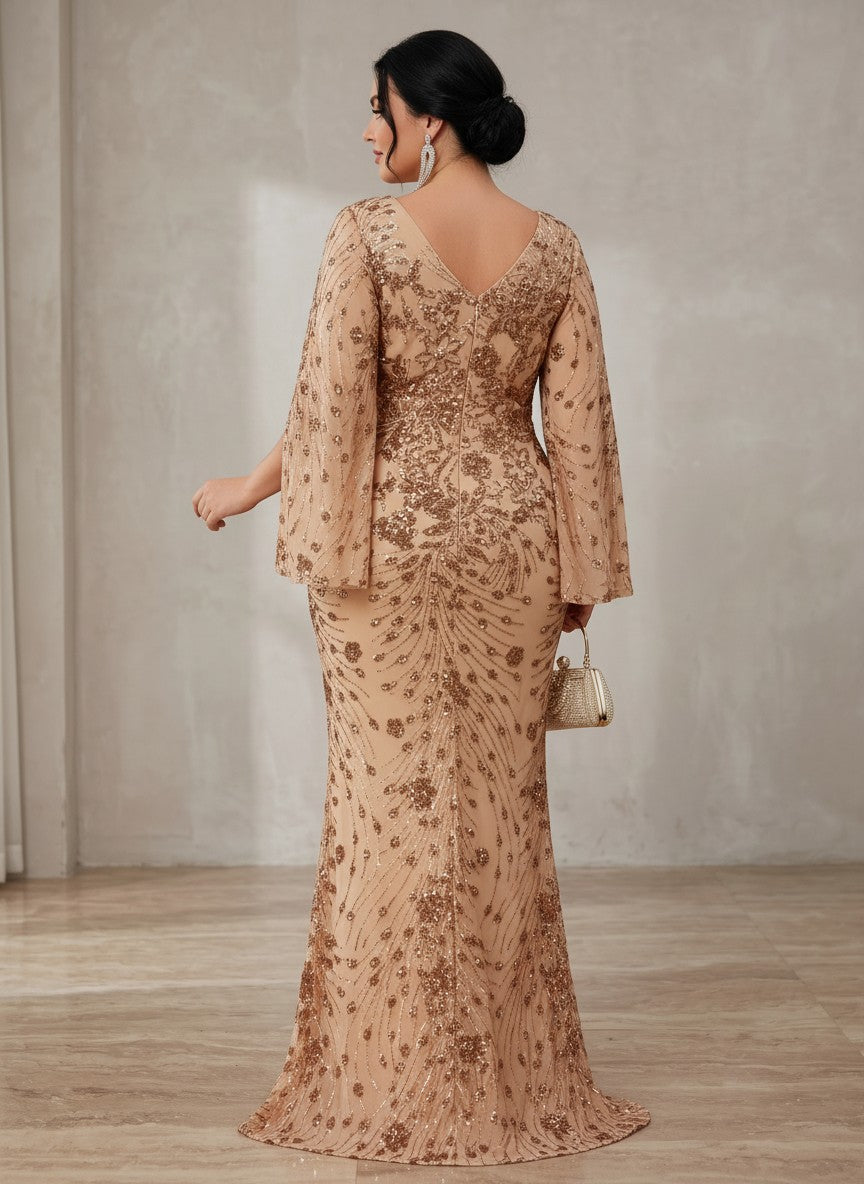 Chiffon Mermaid V Neck Plus Size Formal Dresses with Sequin Embroidery