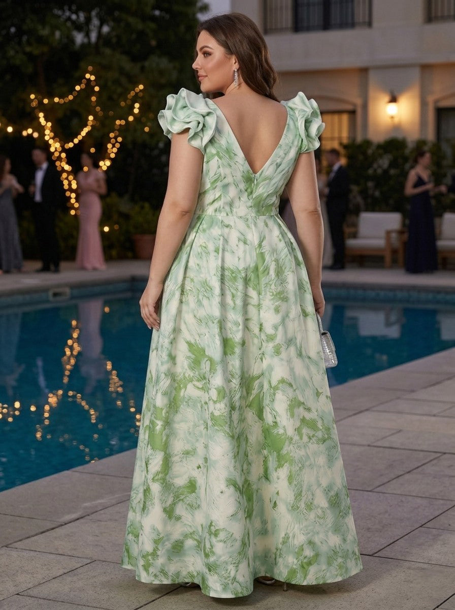 Jacquard A-Line V Neck Plus Size Formal Dresses with Ruffles