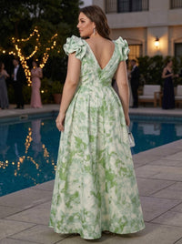 Jacquard A-Line V Neck Plus Size Formal Dresses with Ruffles