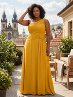 Chiffon A-Line One Shoulder Pleated Plus Size Formal Dresses