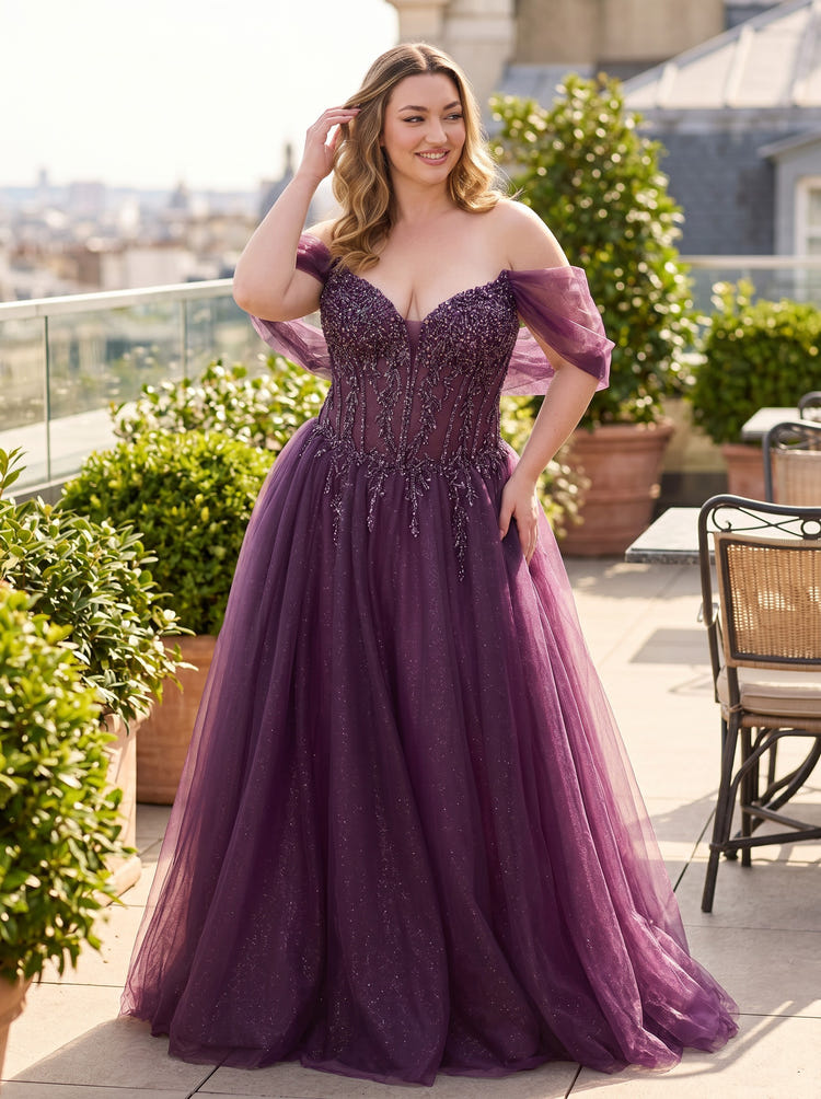 Tulle A-Line Off the Shoulder Plus Size Formal Dresses with Sequin Embroidery