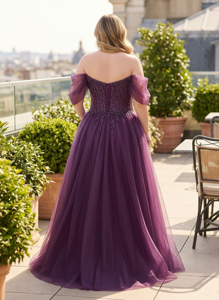 Tulle A-Line Off the Shoulder Plus Size Formal Dresses with Sequin Embroidery