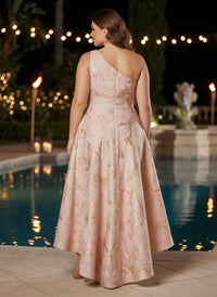 Jacquard High Low One Shoulder Plus Size Formal Dresses with 3D Flowers