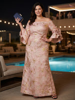 Jacquard Mermaid Off the Shoulder Plus Size Formal Dresses with 3D Flowers