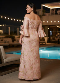 Jacquard Mermaid Off the Shoulder Plus Size Formal Dresses with 3D Flowers