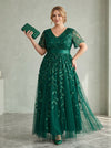 Tulle A-Line V Neck Plus Size Formal Dresses with Sequin Embroidery