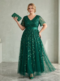 Tulle A-Line V Neck Plus Size Formal Dresses with Sequin Embroidery