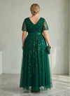 Tulle A-Line V Neck Plus Size Formal Dresses with Sequin Embroidery