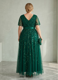 Tulle A-Line V Neck Plus Size Formal Dresses with Sequin Embroidery
