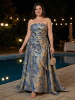 Jacquard Mermaid Strapless Plus Size Formal Dresses with 3D Flowers