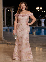 Jacquard Mermaid Off the Shoulder Plus Size Formal Dresses with 3D Flowers
