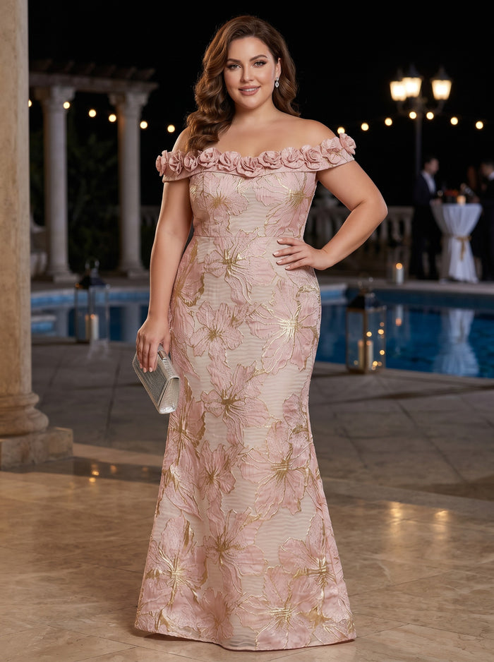 Jacquard Mermaid Off the Shoulder Plus Size Formal Dresses with 3D Flowers