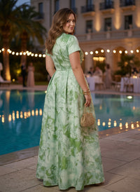 Jacquard A-Line V Neck Pleated Plus Size Formal Dresses