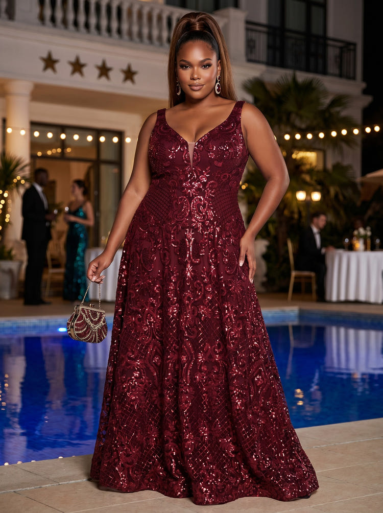 Sequin A-Line V Neck Plus Size Formal Dresses with Sequin Applique