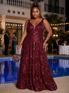 Sequin A-Line V Neck Plus Size Formal Dresses with Sequin Applique