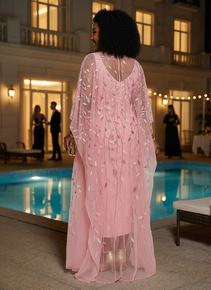 Tulle Sheath Crew Neck Plus Size Formal Dresses with Caps