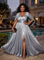 Chiffon A-Line V Neck Plus Size Formal Dresses with Side Slit