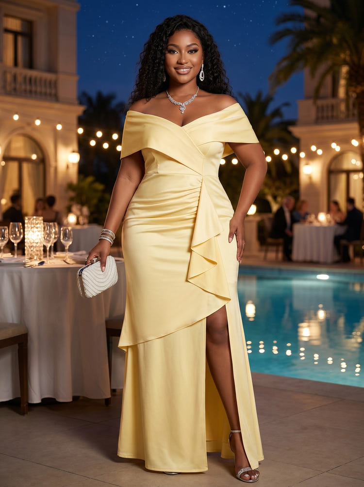 Satin Mermaid Off the Shoulder Plus Size Formal Dresses with Ruffles