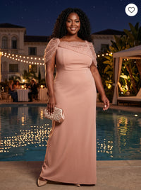 Satin Sheath Asymmetric Neck Beaded Plus Size Formal Dresses