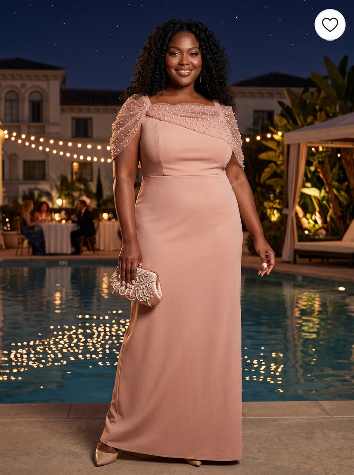 Satin Sheath Asymmetric Neck Beaded Plus Size Formal Dresses