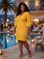 Satin Sheath V Neck Plus Size Formal Dresses with Ruffles