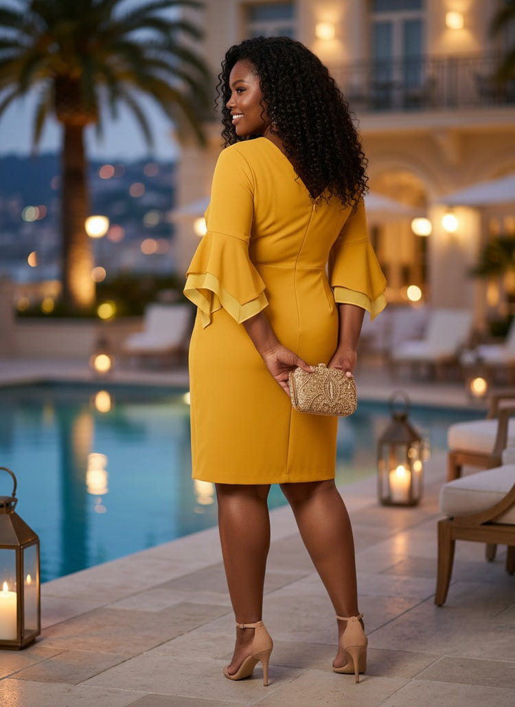 Satin Sheath V Neck Plus Size Formal Dresses with Ruffles