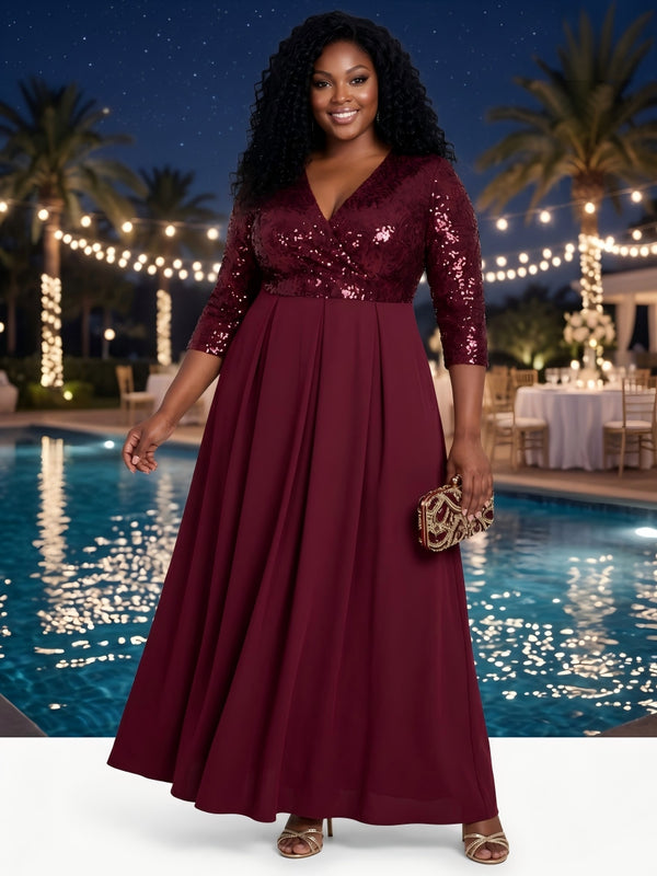 Chiffon A-Line V Neck Splicing Plus Size Formal Dresses
